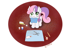 Size: 1000x667 | Tagged: safe, artist:empyu, imported from derpibooru, sweetie belle, pony, unicorn, 30 minute art challenge, abstract background, cute, diasweetes, ear fluff, female, filly, glitter, glue, mouth hold, scissors, simple background, solo