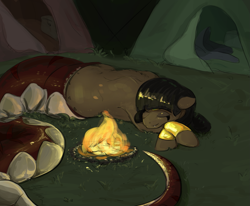 Size: 1549x1274 | Tagged: safe, artist:testostepone, imported from derpibooru, oc, oc only, oc:sahara, lamia, original species, bracelet, camp, campfire, eyes closed, eyeshadow, female, forest, jewelry, lying down, makeup, mare, night, prone, sleeping, solo, solo female, tent