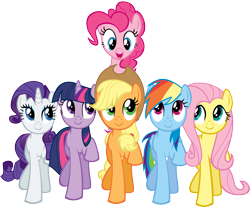 Size: 8000x6635 | Tagged: safe, artist:dragnmastralex, imported from derpibooru, applejack, fluttershy, pinkie pie, rainbow dash, rarity, twilight sparkle, earth pony, pegasus, pony, unicorn, a friend in deed, female, looking down, looking up, mane six, mare, one hoof raised, open mouth, pinkie pie riding applejack, ponies riding ponies, raised hoof, riding, simple background, smile song, smiling, transparent background, vector, walking