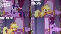 Size: 1280x720 | Tagged: safe, edit, edited screencap, editor:quoterific, imported from derpibooru, screencap, applejack, twilight sparkle, alicorn, earth pony, pony, fame and misfortune, season 7, applejack's hat, bipedal, carousel boutique, cowboy hat, female, hat, mare, messy hair, slapstick, twilight is not amused, twilight sparkle (alicorn), twilight sparkle is not amused, unamused