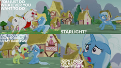 Size: 1280x720 | Tagged: safe, edit, edited screencap, editor:quoterific, imported from derpibooru, screencap, bulk biceps, granny smith, trixie, earth pony, pegasus, unicorn, all bottled up, season 7, angry, female, floppy ears, male, mare, open mouth, red eyes, stallion