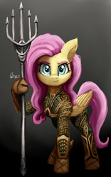 Size: 1600x2560 | Tagged: safe, artist:raphaeldavid, imported from derpibooru, fluttershy, pegasus, pony, adventurer, aquaman, badass, crossover, dc comics, dc extended universe, female, flutterbadass, folded wings, front view, full face view, hoof hold, looking at you, mare, quindent, raised hoof, serious, solo, standing, superhero, superhero costume, trident, wings, zack snyder's justice league