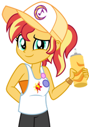 Size: 1024x1459 | Tagged: safe, artist:emeraldblast63, imported from derpibooru, sunset shimmer, equestria girls, alternate hairstyle, clothes, clothes swap, female, food, gloves, motorcross, simple background, sleeveless, solo, tomboy, transparent background