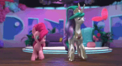 Size: 538x292 | Tagged: safe, imported from derpibooru, screencap, pinkie pie, princess celestia, alicorn, earth pony, pony, hello pinkie pie, animated, dancing, duo, duo female, female, lost media