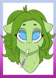 Size: 1026x1440 | Tagged: safe, artist:cold blight, imported from derpibooru, oc, oc only, oc:lief, bean brows, beanbrows, cute, floppy ears, simple background, toothbrush