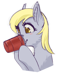 Size: 1537x1985 | Tagged: safe, artist:taytinabelle, imported from derpibooru, derpy hooves, pegasus, pony, blushing, cheek fluff, cup, cute, derpy being derpy, ear fluff, female, hoof hold, mare, nose wrinkle, red solo cup, scrunchy face, simple background, smiling, solo, white background