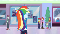 Size: 3410x1920 | Tagged: safe, imported from derpibooru, screencap, lily pad (equestria girls), nolan north, pepper twist, rainbow dash, track starr, victoria, equestria girls, equestria girls series, holidays unwrapped, spoiler:eqg series (season 2), arms in the air, clothes, dashing through the mall, female, glasses, hoodie, lily pad (g4), male