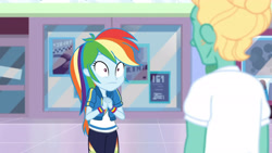 Size: 3410x1920 | Tagged: safe, imported from derpibooru, screencap, rainbow dash, zephyr breeze, equestria girls, equestria girls series, holidays unwrapped, spoiler:eqg series (season 2), :i, clothes, cutie mark, cutie mark on clothes, dashing through the mall, faic, female, hoodie, jewelry, male, necklace, rainbow dash is best facemaker, wide eyes