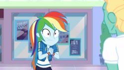 Size: 3410x1920 | Tagged: safe, imported from derpibooru, screencap, rainbow dash, zephyr breeze, equestria girls, equestria girls series, holidays unwrapped, spoiler:eqg series (season 2), clothes, cutie mark, cutie mark on clothes, dashing through the mall, female, geode of super speed, hoodie, jewelry, magical geodes, male, necklace
