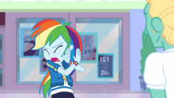 Size: 3410x1920 | Tagged: safe, imported from derpibooru, screencap, rainbow dash, zephyr breeze, equestria girls, equestria girls series, holidays unwrapped, spoiler:eqg series (season 2), clothes, cutie mark, cutie mark on clothes, dashing through the mall, eyes closed, female, geode of super speed, hoodie, jewelry, magical geodes, male, necklace, open mouth