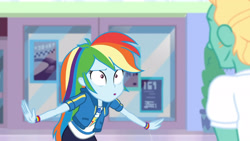 Size: 3410x1920 | Tagged: safe, imported from derpibooru, screencap, rainbow dash, zephyr breeze, equestria girls, equestria girls series, holidays unwrapped, spoiler:eqg series (season 2), :o, clothes, cutie mark, cutie mark on clothes, dashing through the mall, female, geode of super speed, hoodie, jewelry, magical geodes, male, necklace, open mouth