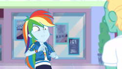 Size: 3410x1920 | Tagged: safe, imported from derpibooru, screencap, rainbow dash, zephyr breeze, equestria girls, equestria girls series, holidays unwrapped, spoiler:eqg series (season 2), clothes, cutie mark, cutie mark on clothes, dashing through the mall, faic, female, geode of super speed, hoodie, jewelry, magical geodes, male, necklace, rainbow dash is best facemaker