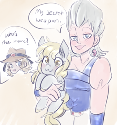 Size: 918x976 | Tagged: safe, artist:mimiporcellini, imported from derpibooru, derpy hooves, human, pegasus, pony, crossover, dialogue, hol horse, holding a pony, jean pierre polnareff, jojo's bizarre adventure