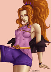 Size: 2480x3508 | Tagged: safe, artist:nire, imported from derpibooru, adagio dazzle, equestria girls, bare shoulders, belt, bracelet, breasts, clothes, eyeshadow, female, high res, jacket, jewelry, looking at you, makeup, nail polish, shorts, sideboob, sleeveless, smiling, smiling at you, solo, solo female, spiked headband, spiked wristband, thighs, wristband
