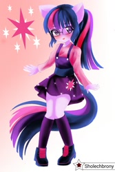 Size: 1200x1800 | Tagged: safe, artist:sholechbrony, imported from derpibooru, sci-twi, twilight sparkle, anthro, equestria girls, clothes, cute, cutie mark, dress, female, kneesocks, open mouth, pony ears, socks, solo, tail, twiabetes