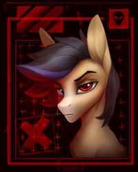 Size: 4000x5000 | Tagged: safe, artist:dashid, imported from derpibooru, oc, oc only, oc:gear (gearslavehorse), pegasus, pony, absurd resolution, black mane, blaze (coat marking), brown fur, bust, coat markings, error, facial markings, frown, glitch, head, heterochromia, lidded eyes, looking at you, male, png, prosthetic eye, prosthetics, red eye, solo, stallion