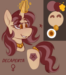 Size: 1600x1800 | Tagged: safe, artist:anon_1515, imported from derpibooru, oc, oc only, oc:decapenta, pony, unicorn, beads, cutie mark, eyebrows, eyebrows visible through hair, female, freckles, gold, jewelry, magic, reference sheet, simple background, sketch, smiling, solo, solo female, tail wrap, text