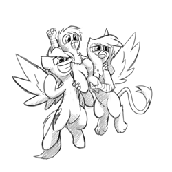 Size: 1280x1280 | Tagged: safe, artist:captainhoers, imported from derpibooru, gilda, rainbow dash, oc, oc:gren, hippogriff, pegasus, pony, black and white, family, female, flying, gildash, grayscale, interspecies offspring, lesbian, magical lesbian spawn, male, mare, monochrome, offspring, parent:gilda, parent:rainbow dash, parents:gildash, shipping, simple background, sketch, smiling, white background