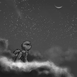 Size: 1280x1280 | Tagged: safe, artist:captainhoers, imported from derpibooru, oc, oc only, oc:concorde, pegasus, pony, black and white, cloud, crescent moon, female, grayscale, looking up, mare, monochrome, moon, night, night sky, nonbinary, offspring, on a cloud, parent:soarin', parent:spitfire, parents:soarinfire, sky, solo, standing on a cloud, stars