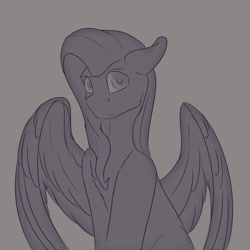 Size: 1600x1600 | Tagged: safe, artist:tenebrisnoctus, imported from derpibooru, fluttershy, pegasus, pony, female, floppy ears, gray background, grayscale, looking at you, mare, monochrome, simple background, solo, wings