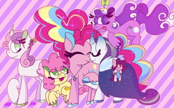 Size: 1440x900 | Tagged: safe, artist:rubyg242, imported from derpibooru, li'l cheese, pinkie pie, pipp petals, rarity, screwball, sweetie belle, pony, the last problem, baby, baby pony, female, g5, lesbian, older, raripie, shipping