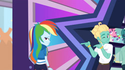 Size: 3410x1920 | Tagged: safe, imported from derpibooru, screencap, rainbow dash, zephyr breeze, equestria girls, equestria girls series, holidays unwrapped, spoiler:eqg series (season 2), belt, clothes, dashing through the mall, female, hoodie, male, one eye closed, wink