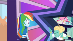 Size: 3410x1920 | Tagged: safe, imported from derpibooru, screencap, mile hill, rainbow dash, zephyr breeze, equestria girls, equestria girls series, holidays unwrapped, spoiler:eqg series (season 2), clothes, dashing through the mall, eyes closed, female, hoodie, male, offscreen character
