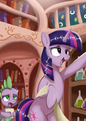 Size: 1024x1449 | Tagged: safe, artist:neoshrek, imported from derpibooru, spike, twilight sparkle, dragon, pony, unicorn, ahegao, bipedal, book, duo, golden oaks library, hind legs, open mouth, potion, scroll, that pony sure does love checklists, tongue out, unicorn twilight