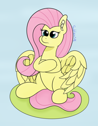 Size: 1320x1690 | Tagged: safe, artist:subleni, imported from derpibooru, fluttershy, pegasus, pony, blue background, crossed hooves, ear fluff, female, mare, simple background, sitting, solo, spread wings, three quarter view, unamused, wings