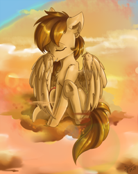 Size: 1780x2234 | Tagged: safe, artist:yuris, imported from derpibooru, oc, oc only, oc:sharpwing, pegasus, pony, brown mane, butt, cleaning, cloud, male, pegasus oc, plot, raised hoof, sky, solo, sunset