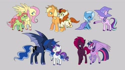 Size: 4096x2303 | Tagged: safe, artist:kianamai, imported from derpibooru, applejack, autumn blaze, fizzlepop berrytwist, fluttershy, princess luna, rarity, starlight glimmer, tempest shadow, tree hugger, trixie, twilight sparkle, alicorn, earth pony, pegasus, pony, unicorn, accessory swap, autumnjack, blushing, boop, broken horn, eyes closed, female, flutterhugger, gray background, horn, hybrid wings, lesbian, mare, noseboop, rariluna, shipping, simple background, startrix, tempestlight, wings