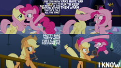 Size: 1280x720 | Tagged: safe, edit, edited screencap, editor:quoterific, imported from derpibooru, screencap, applejack, fluttershy, pinkie pie, earth pony, pegasus, pony, party pooped, season 5, applejack's hat, cartoon physics, cowboy hat, dialogue, female, hat, mare, pinkie being pinkie, pinkie physics, trio, twilight's castle