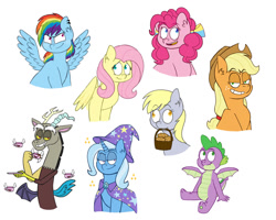 Size: 1280x1024 | Tagged: safe, artist:pawkatoon, imported from derpibooru, applejack, derpy hooves, discord, fluttershy, pinkie pie, rainbow dash, spike, trixie, dragon, earth pony, pegasus, pony, unicorn, basket, chaos, cup, female, food, male, mare, mouth hold, muffin, simple background, teacup, white background, winged spike, wings