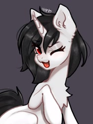 Size: 1536x2048 | Tagged: safe, artist:siripim111, imported from derpibooru, oc, oc only, pony, unicorn, chest fluff, explicit source, looking at you, one eye closed, raspberry, smiling, solo, tongue out, wink