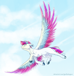 Size: 2586x2640 | Tagged: safe, artist:gaelledragons, imported from derpibooru, zipp storm, pegasus, pony, chest fluff, cloud, colored wings, ear fluff, feather, female, floppy ears, flying, g5, high res, hoof fluff, majestic, mare, multicolored wings, sky, solo, spread wings, unshorn fetlocks, wings