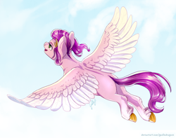 Size: 3332x2625 | Tagged: safe, artist:gaelledragons, imported from derpibooru, pipp petals, pegasus, pony, feathered fetlocks, female, flapper, flying, g5, happy, high res, mare, open mouth, outdoors, part of a full image, sky, smiling, solo, spread wings, two toned wings, underhoof, wings