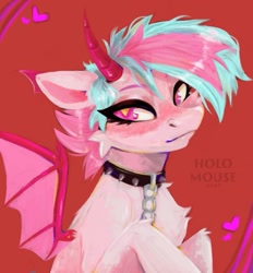 Size: 895x964 | Tagged: safe, artist:holomouse, imported from derpibooru, oc, oc only, demon, demon pony, original species, chains, chest fluff, collar, heart, horns, looking at you, spiked collar, webbed wings