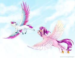 Size: 5000x3813 | Tagged: safe, artist:gaelledragons, imported from derpibooru, pipp petals, zipp storm, pegasus, pony, absurd resolution, colored wings, duo, feathered fetlocks, female, flapper, flying, g5, mare, multicolored wings, outdoors, royal sisters (g5), siblings, sisters, sky, smiling, spread wings, two toned wings, wings