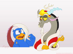 Size: 1280x943 | Tagged: safe, artist:maybehawthorn, imported from derpibooru, discord, bird, draconequus, penguin, clothing theft, crossover, duo, food, fortune cookie, gradient background, king dedede, kirby, kirby (series), male