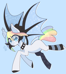 Size: 1727x1929 | Tagged: safe, artist:inkp0ne, artist:softpound, imported from derpibooru, oc, oc only, oc:pastelias, bat pony, pony, clothes, collar, flying, looking at you, socks, solo, spiked collar, striped socks
