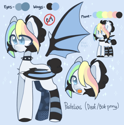 Size: 1440x1445 | Tagged: safe, artist:inkp0ne, artist:softpound, imported from derpibooru, oc, oc only, oc:pastelias, bat pony, pony, chibi, clothes, collar, fangs, open mouth, reference sheet, socks, solo, spiked collar, spread wings, striped socks, wings
