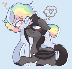 Size: 1853x1769 | Tagged: safe, artist:inkp0ne, artist:softpound, imported from derpibooru, oc, oc only, bat pony, earth pony, pony, cuddling, female, floppy ears, heart, heterochromia, lesbian, oc x oc, one eye closed, question mark, shipping, smiling