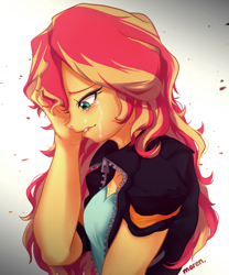 Size: 1700x2047 | Tagged: safe, artist:maren, imported from derpibooru, sunset shimmer, equestria girls, crying, female, lip bite, sad, solo, sunsad shimmer