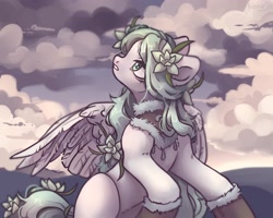 Size: 3000x2400 | Tagged: safe, artist:konejo, imported from derpibooru, oc, oc only, pegasus, pony, flower, flower in hair, high res, looking back, mittens, solo, spread wings, tired, wings