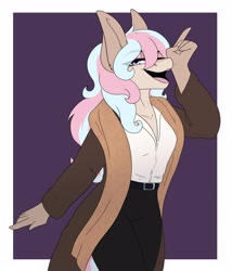 Size: 3282x3828 | Tagged: safe, artist:celestialoddity, artist:mamachubs, imported from derpibooru, oc, oc only, anthro, clothes, coat, high res, lidded eyes, looking at you, one eye closed, pants, shirt, smiling, solo, wink