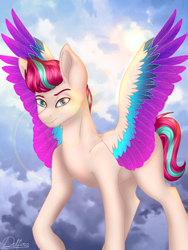 Size: 768x1024 | Tagged: safe, artist:delfinaluther, imported from derpibooru, zipp storm, pegasus, pony, spoiler:g5, cloud, colored wings, day, female, g5, looking at you, mare, multicolored wings, signature, sky, solo, spread wings, wings