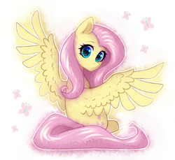 Size: 2336x2137 | Tagged: safe, artist:avrameow, imported from derpibooru, fluttershy, pegasus, pony, cute, female, head turned, high res, looking at you, looking back, looking back at you, mare, outline, shyabetes, sitting, solo, spread wings, turned head, white outline, wings