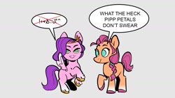 Size: 1586x892 | Tagged: safe, artist:kylesmeallie, imported from derpibooru, pipp petals, sunny starscout, earth pony, pegasus, pony, censored, censored vulgarity, colored hooves, dialogue, duo, female, g5, grawlixes, gray background, looking at you, no pupils, simple background, smiling, speech bubble, swearing, unshorn fetlocks, vulgar