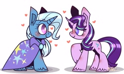 Size: 3500x2100 | Tagged: safe, artist:woxel333, artist:~w0xel~, imported from derpibooru, starlight glimmer, trixie, pony, unicorn, blushing, cape, clothes, female, floating heart, heart, heart eyes, high res, lesbian, looking at each other, mare, shipping, smiling, smiling at each other, startrix, trixie's cape, wingding eyes