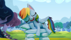 Size: 1920x1080 | Tagged: safe, imported from derpibooru, screencap, rainbow dash, pony, my little pony: pony life, my little pony: stop motion short, pillow fight (short), g4.5, pillow, pony life, solo, stop motion